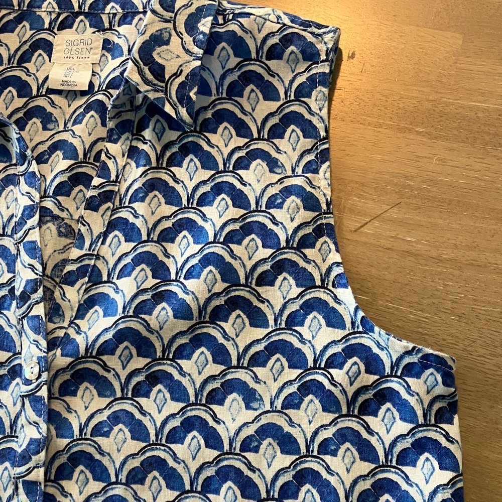 Sigrid Olsen Blue and White Linen Sleeveless Long Tunic Top Size Large - Picture 4 of 9